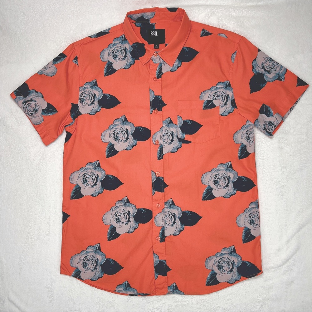 RSQ Shirt Mens Large Peach w/ Rose Pattern Short Sleeve Button up